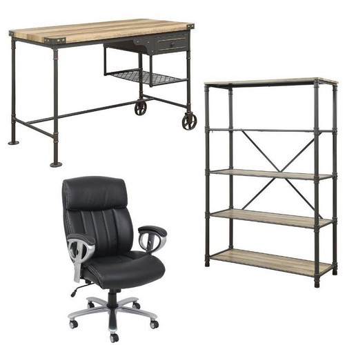 Kera 3-dielny priemyselný stôl a kožená zdvíhacia kancelárska stolička a polica